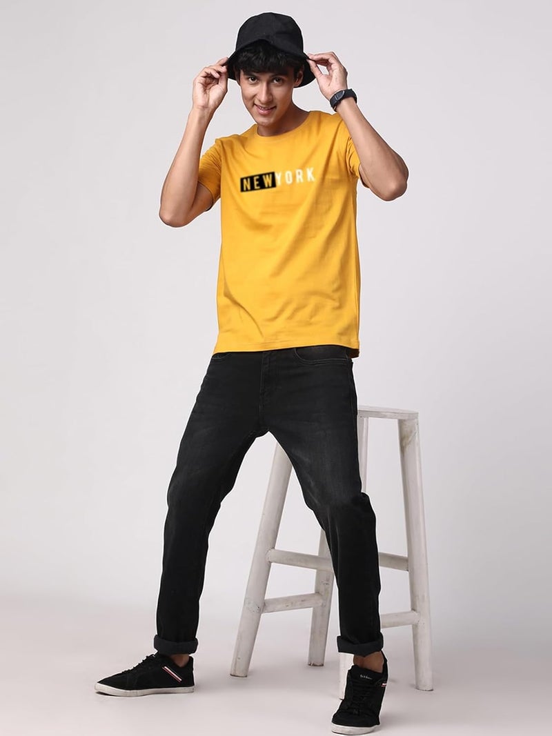 adro تي شيرت مطبوع للرجال من ADRO بلون الخردل مع رسمة نيويورك - Image 5