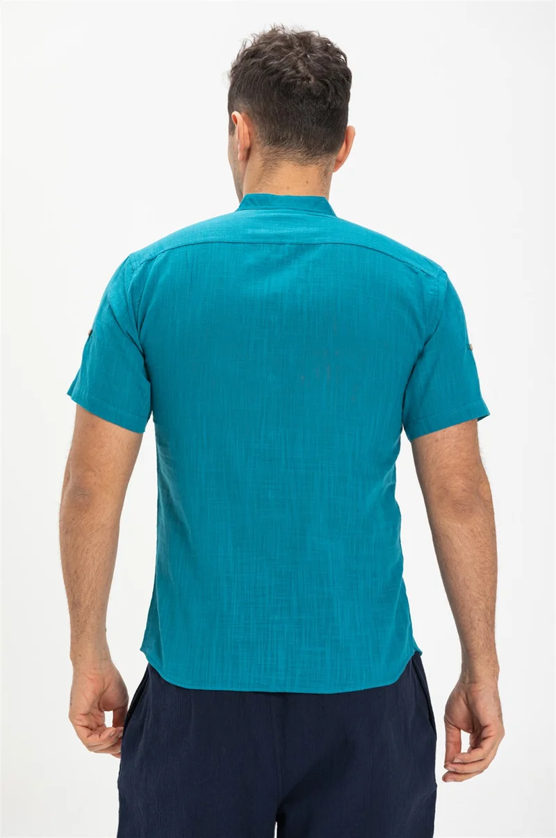 Eliş Şile Bezi Short Sleeve Şile Cloth Bodrum Men's Shirt Petrol 3053