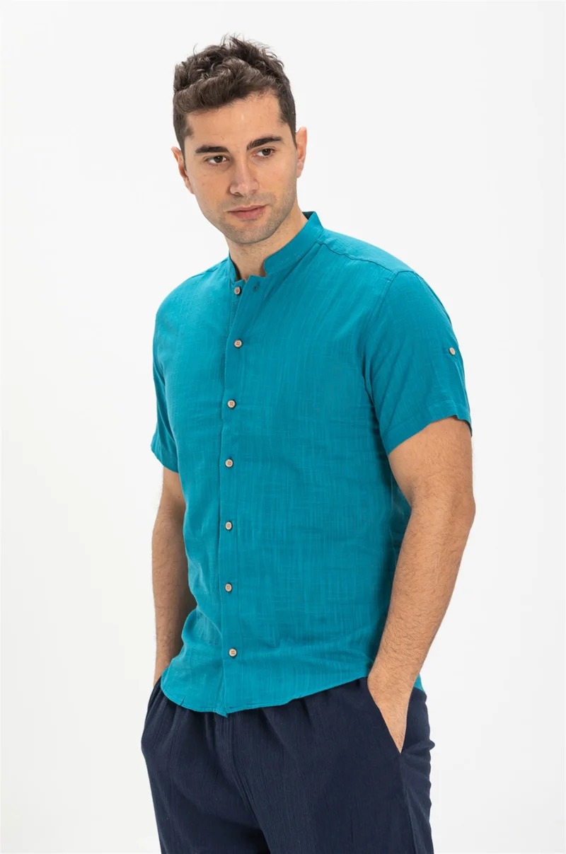 Eliş Şile Bezi Short Sleeve Şile Cloth Bodrum Men's Shirt Petrol 3053