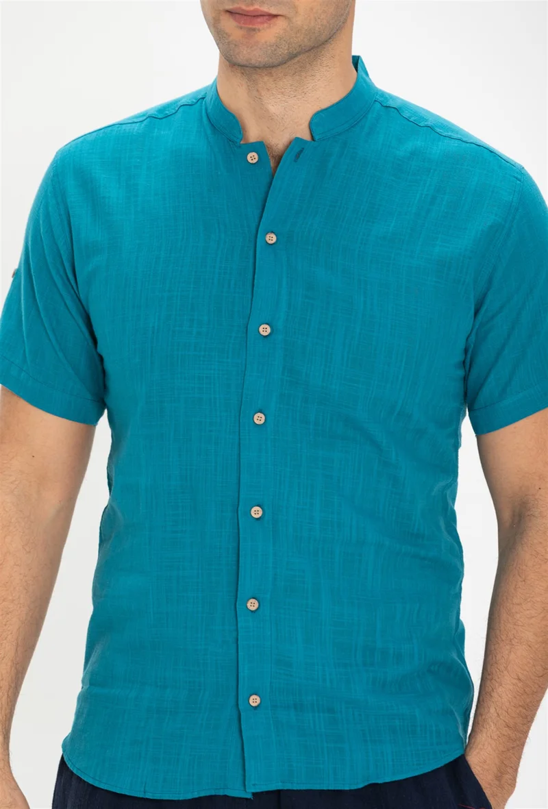 Eliş Şile Bezi Short Sleeve Şile Cloth Bodrum Men's Shirt Petrol 3053