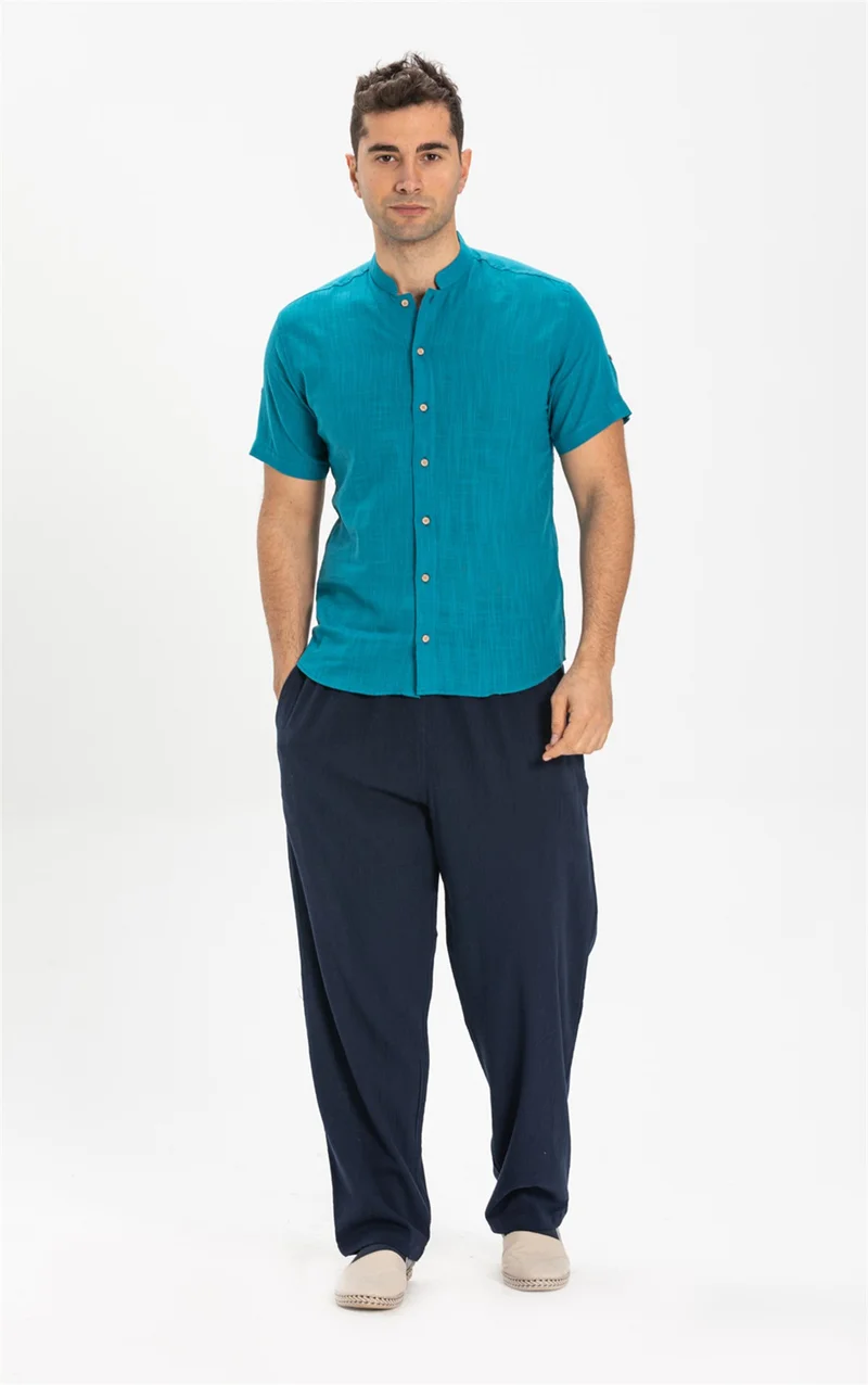 Eliş Şile Bezi Short Sleeve Şile Cloth Bodrum Men's Shirt Petrol 3053