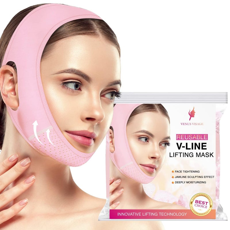 Venus Visage حزام رفع الوجه من فينوس فيساج لتعريف خط الفك - حزام رفع قابل لإعادة الاستخدام للنوم - ينحت الذقن المزدوج بصريًا (وردي) - Image 1