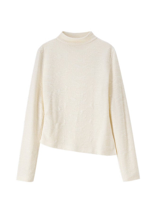 Sentubila Textured Knit Stretch T-shirt Women Autumn Half Turtleneck Slim Fit Long Sleeve Irregular Hem Elegant Top - Image 3