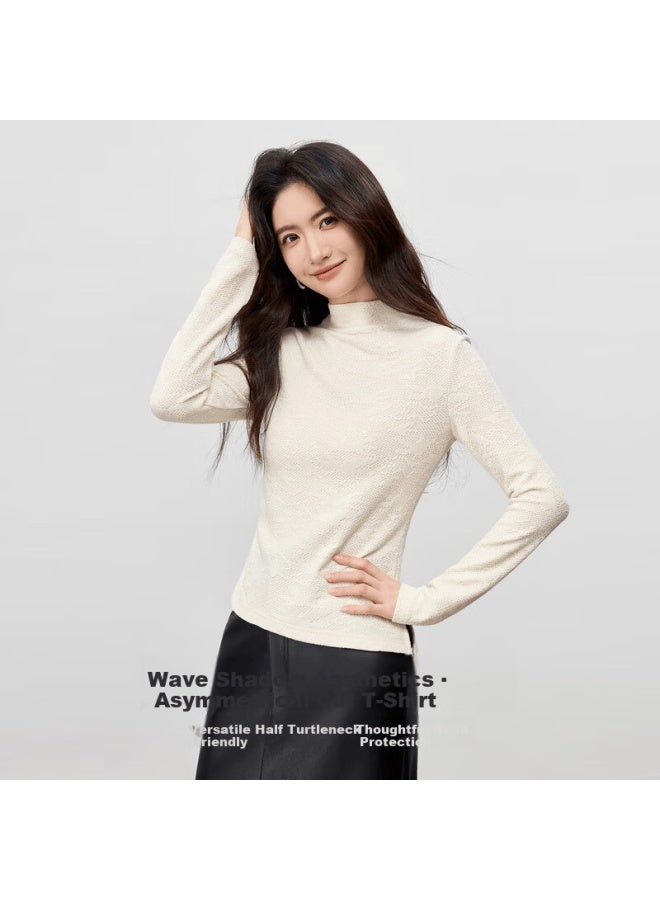 Sentubila Textured Knit Stretch T-shirt Women Autumn Half Turtleneck Slim Fit Long Sleeve Irregular Hem Elegant Top - Image 1