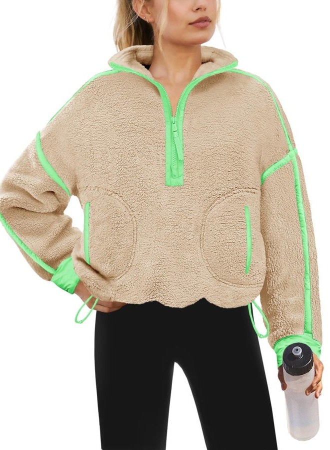 Yanekop Womens 1/2 Zip Up Sherpa Pullover Fuzzy Fleece Sweatshirt Fluffy Lapel Outerwear with Pockets(Green Khaki,XL) - Image 1