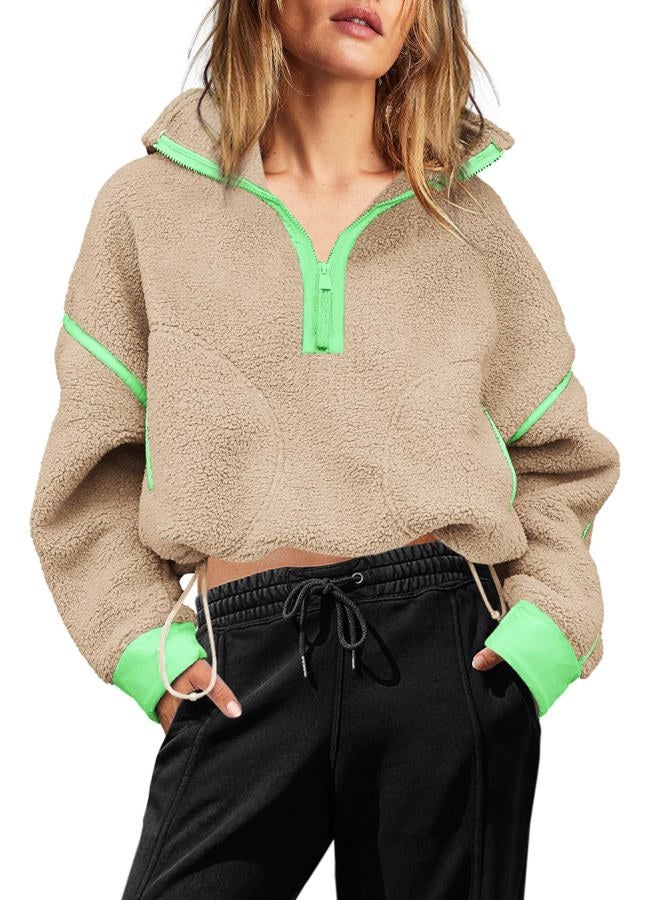Yanekop Womens 1/2 Zip Up Sherpa Pullover Fuzzy Fleece Sweatshirt Fluffy Lapel Outerwear with Pockets(Green Khaki,XL) - Image 2