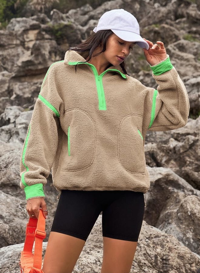 Yanekop Womens 1/2 Zip Up Sherpa Pullover Fuzzy Fleece Sweatshirt Fluffy Lapel Outerwear with Pockets(Green Khaki,XL) - Image 3