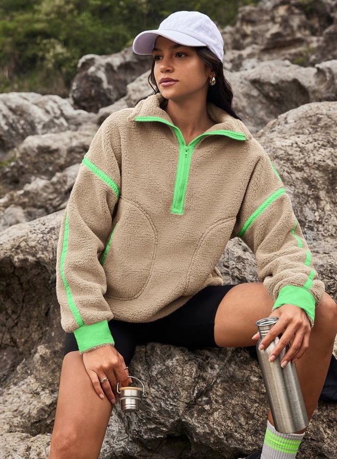 Yanekop Womens 1/2 Zip Up Sherpa Pullover Fuzzy Fleece Sweatshirt Fluffy Lapel Outerwear with Pockets(Green Khaki,XL) - Image 5