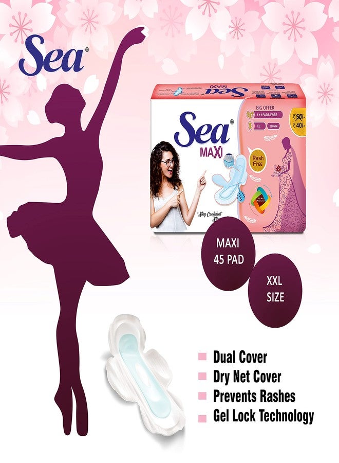 Sea Maxi Cotton Sanitary Pads for Women | Up to 100% Leakage Protection, Locks Odour & Wetness | Ultra Hygiene, Rash Free Cotton Soft | Pack of 45 (45 pcs Maxi XXL). - Image 2