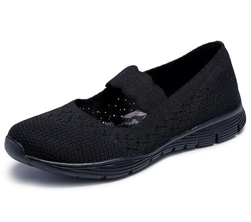 SKECHERS حذاء سكيرشرز للنساء سيغر - باور هيتير - حذاء ماري جين محبوك هندسياً، أسود/أسود، 6 م أمريكي - Image 3