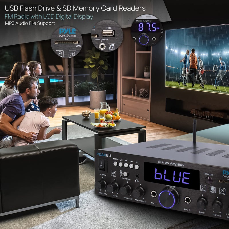Pyle مضخم الصوت المنزلي اللاسلكي بلوتوث من بايل - مضخم صوت متعدد القنوات بقوة 200 واط لنظام استقبال الصوت المنزلي مع مدخل بصري/فونو/كوكسيل، راديو FM، USB/SD، AUX، RCA، مدخل ميكروفون - هوائي، جهاز تحكم عن بعد - PDA4BU - Image 4