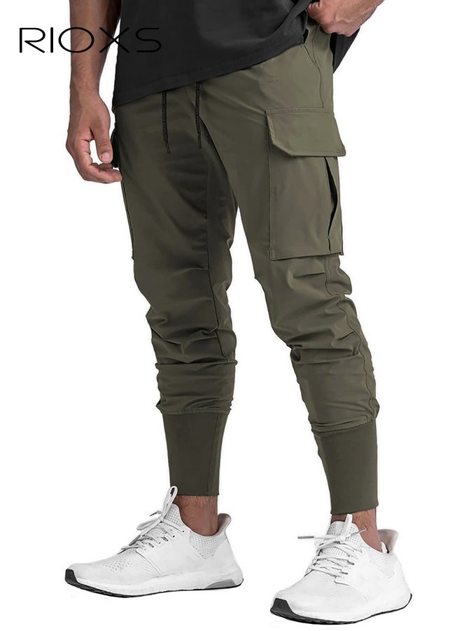 RIOXS Men's Green Jogger Pants, Mid-Rise Athletic Trousers with Drawstring Waist and Side Pockets, Tapered Cuff Workout Pants for Gym, Running and Streetwear​, Elastic Cuff Sweatpants, Urban Workout Pants, Young Men's Street Style Bottoms - Image 1
