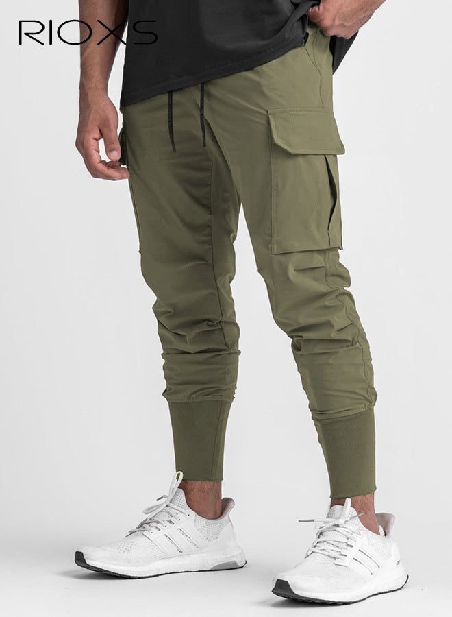 RIOXS Men's Green Jogger Pants, Mid-Rise Athletic Trousers with Drawstring Waist and Side Pockets, Tapered Cuff Workout Pants for Gym, Running and Streetwear​, Elastic Cuff Sweatpants, Urban Workout Pants, Young Men's Street Style Bottoms - Image 1