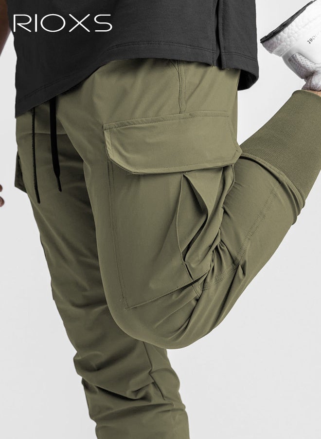 RIOXS Men's Green Jogger Pants, Mid-Rise Athletic Trousers with Drawstring Waist and Side Pockets, Tapered Cuff Workout Pants for Gym, Running and Streetwear​, Elastic Cuff Sweatpants, Urban Workout Pants, Young Men's Street Style Bottoms - Image 2