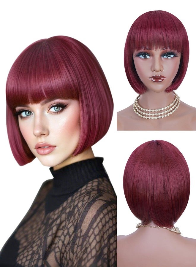 QUEENTAS Bob Wigs for Women Short Burgundy Bob Wig Shoulder Length Straight Bob Wigs with Bangs Natural Looking Synthetic Glueless Wig for Daily and Cosplay/Party(#99J/Dark Red/Cherry Red) - Image 1