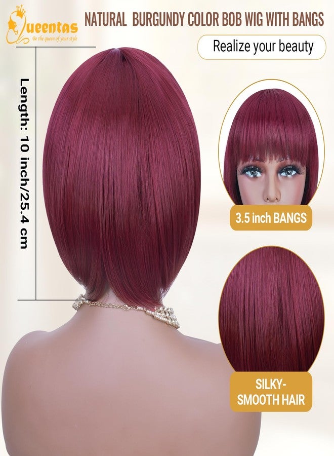 QUEENTAS Bob Wigs for Women Short Burgundy Bob Wig Shoulder Length Straight Bob Wigs with Bangs Natural Looking Synthetic Glueless Wig for Daily and Cosplay/Party(#99J/Dark Red/Cherry Red) - Image 3