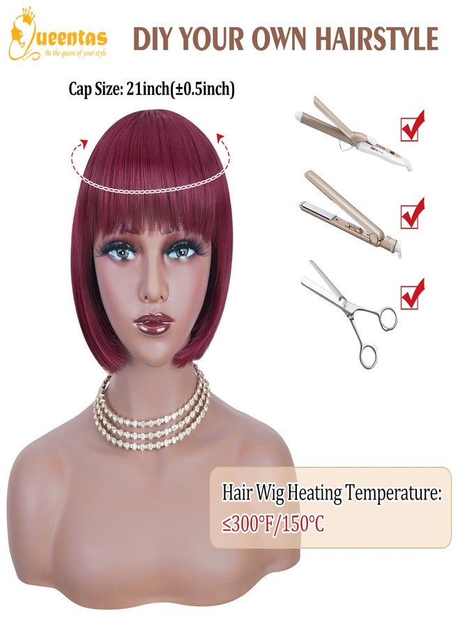 QUEENTAS Bob Wigs for Women Short Burgundy Bob Wig Shoulder Length Straight Bob Wigs with Bangs Natural Looking Synthetic Glueless Wig for Daily and Cosplay/Party(#99J/Dark Red/Cherry Red) - Image 5