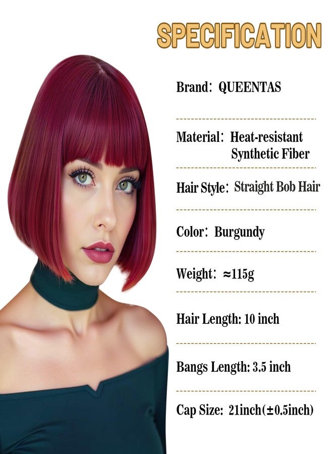 QUEENTAS Bob Wigs for Women Short Burgundy Bob Wig Shoulder Length Straight Bob Wigs with Bangs Natural Looking Synthetic Glueless Wig for Daily and Cosplay/Party(#99J/Dark Red/Cherry Red) - Image 2