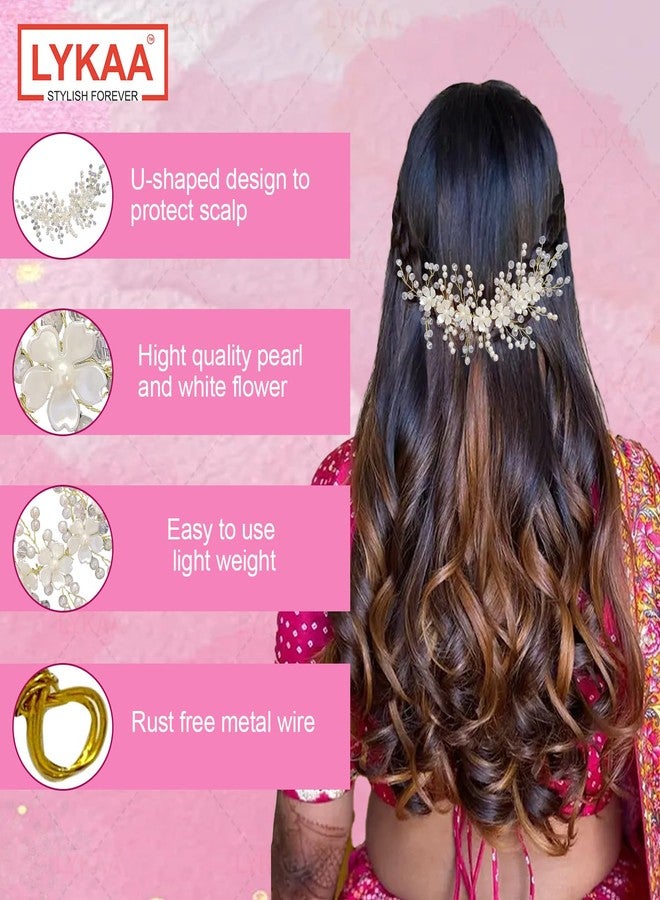 LYKAA Artificial Flowers & Pearl Style Juda Bun Accessories - Floral Bridal Brooch & Hair Pins - Veni, Tiara, Hair Pin, Juda Pin For Women's & Girls - Pack Of 1 (Golden) - Image 4