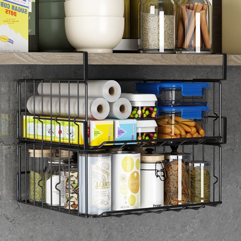 PowerKing Under Shelf Storage Baskets Foldable Carbon Steel Under Cabinet Basket for Kitchen Cabinets Pantries Bookshelves Desk SpaceSaving Storage Solution Black 2 Pack - Image 2