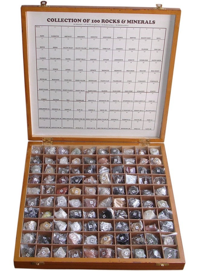 Rocksmins Collection of 100 Rocks & Minerals for Education in Wooden Box Rare & Commen 100 Specimens - Image 1