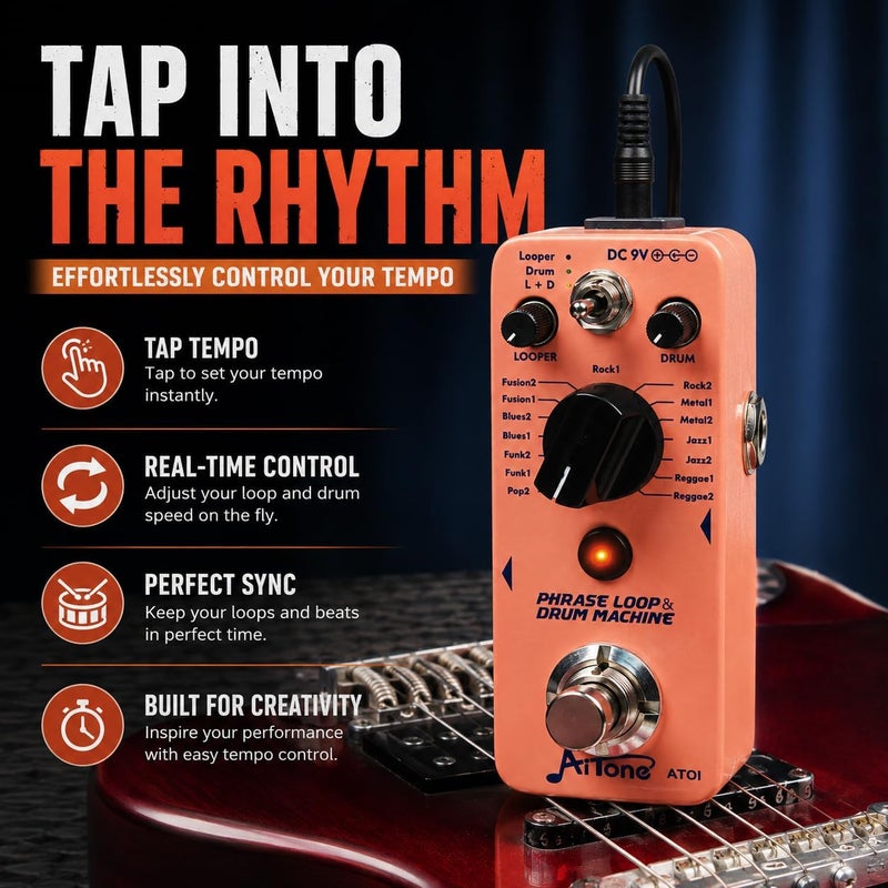 AITONE Looper Pedal with Drum Machine 2 in 1 Loop Pedals for Electric Guitar 20 Minutes Looping 16 Drum Grooves 3 Mode True-Bypass (AT-01) - Image 3