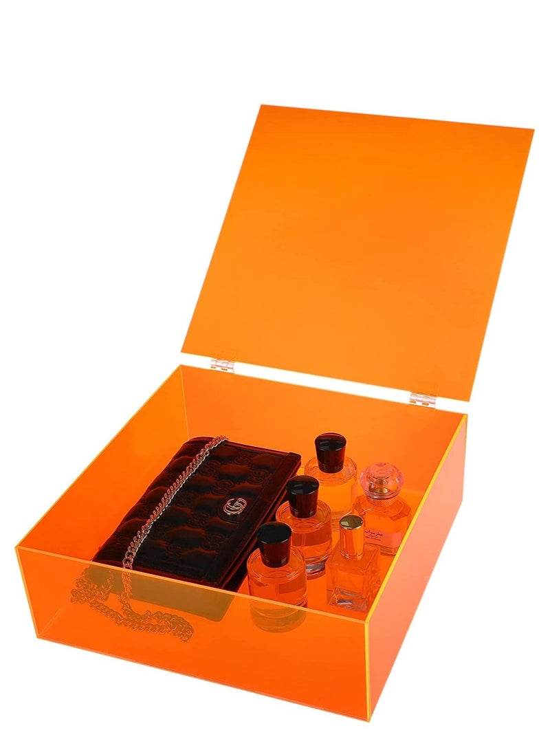 Lamsit Ibdaa Acrylic Box - Fluorescent Display Box with Hinges – Gift Showcase for Collectibles, Jewelries - Dustproof Protection Storage (10 x 10 x 5 cm) Orange - Image 1