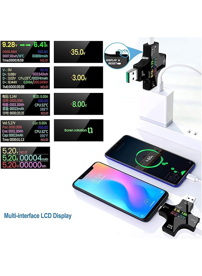 KASTWAVE Usb C Tester 2 In 1 Usb C Type-C Tester Color Screen Ips Digital Multimeter Amperage Power Voltage Resistance Temperature Capacity Detector & Amperage Charging Usb Checker - Image 2