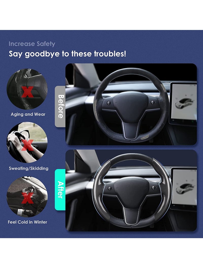 Car Carbon Fiber Steering Wheel Cover, Custom Fit for Tesla Model Y/3, Segmented Protector, Anti-Skid, Scratch-Resistant, Wear-Resistant (Black, 2PCS) - Image 4