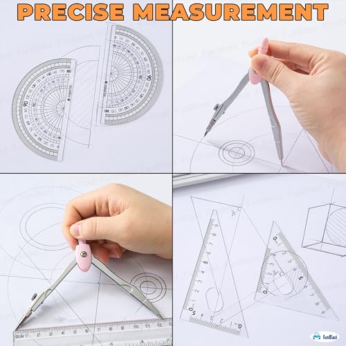 FunBlast Metal Compass Set 9 Pcs - Geometry Box with Protractor, Set Squares, Ruler, Compasses, Ruler Set, Instrument Box, Math Geometry Kit for Student & Professional (Pink) - Image 4