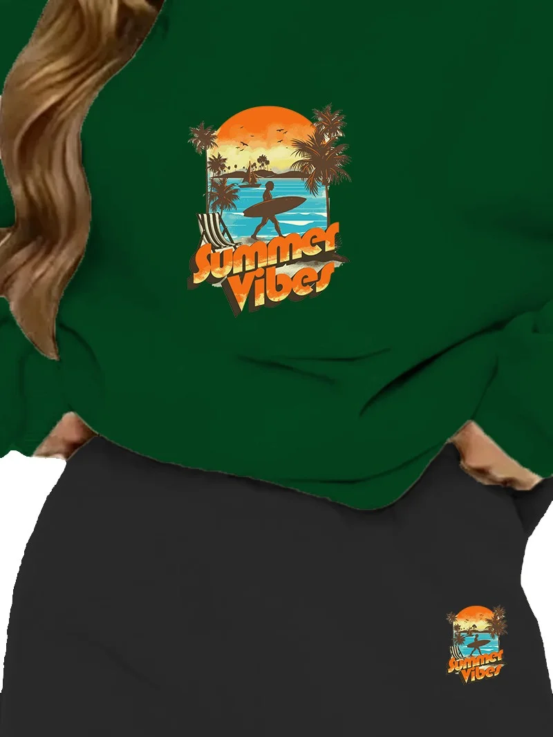 DogFish Tracksuit Set Oversize Sunset Printed Tracksuit Set,lover,couple Combination Green