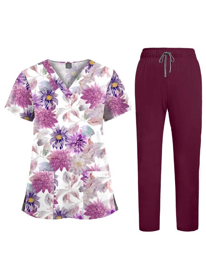 NIBEMINENT Floral Print Nursing Scrubs Tops Hospital Scrubs Uniforms Short Sleeve Hospital Uniforms Women Nursing Scrubs - Image 1