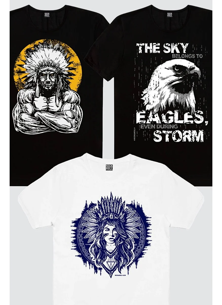 Rock&Roll Big Chief, Indian Girl White, Eagle of the Sky Men's 3-Piece Eco Pack T-Shirt