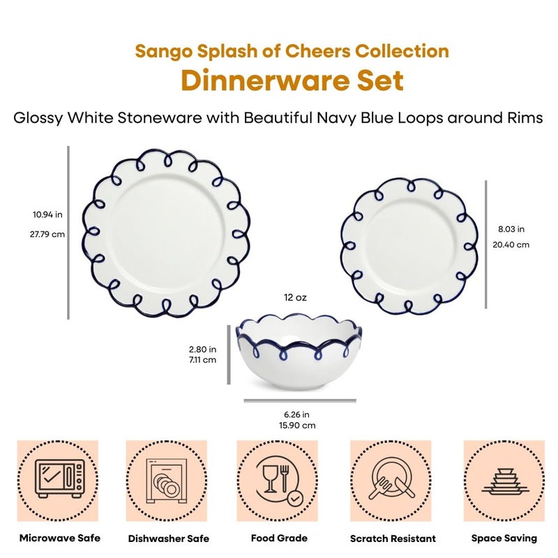 Sango 12-Piece Earthenware Dinnerware Set for 4, Glossy White Plates and Bowls Sets with Navy Scalloped Rims, Premium Dish Set, Dishes for Hosting Parties, Birthday & Wedding Gifts, Splash of Cheers - Image 2