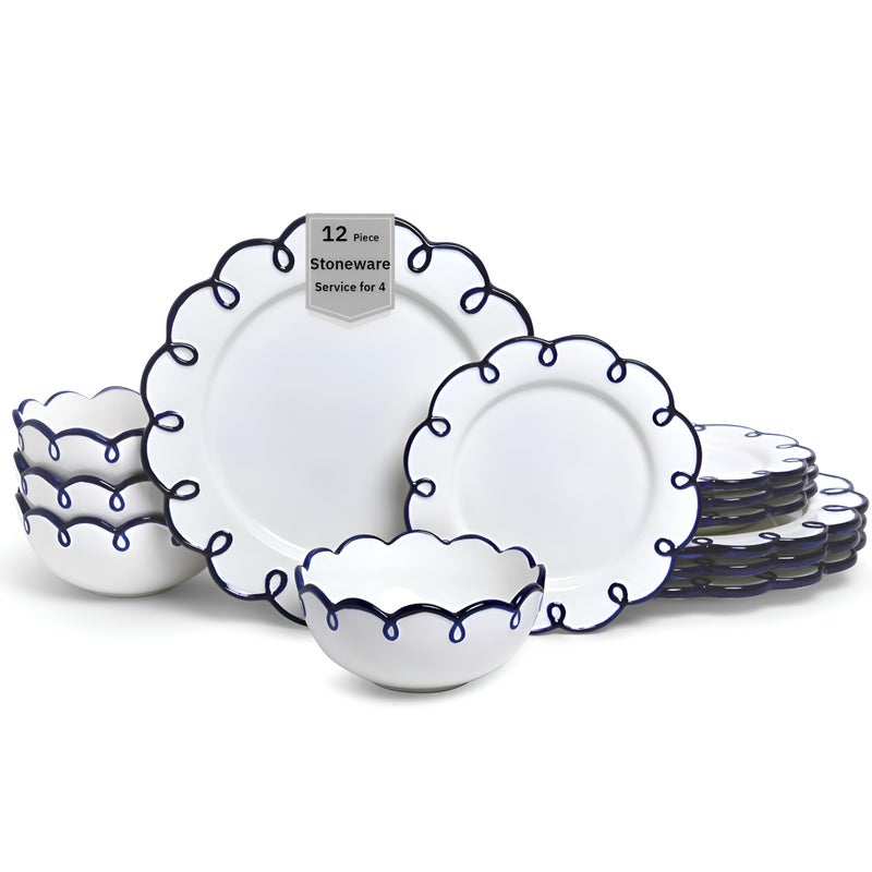 Sango 12-Piece Earthenware Dinnerware Set for 4, Glossy White Plates and Bowls Sets with Navy Scalloped Rims, Premium Dish Set, Dishes for Hosting Parties, Birthday & Wedding Gifts, Splash of Cheers - Image 1