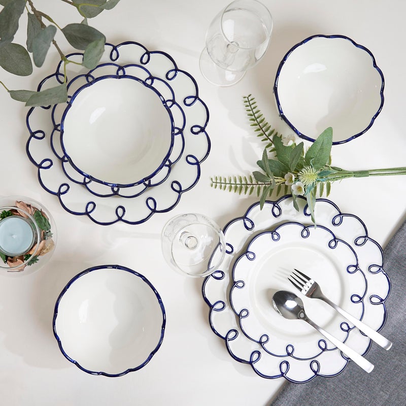 Sango 12-Piece Earthenware Dinnerware Set for 4, Glossy White Plates and Bowls Sets with Navy Scalloped Rims, Premium Dish Set, Dishes for Hosting Parties, Birthday & Wedding Gifts, Splash of Cheers - Image 5
