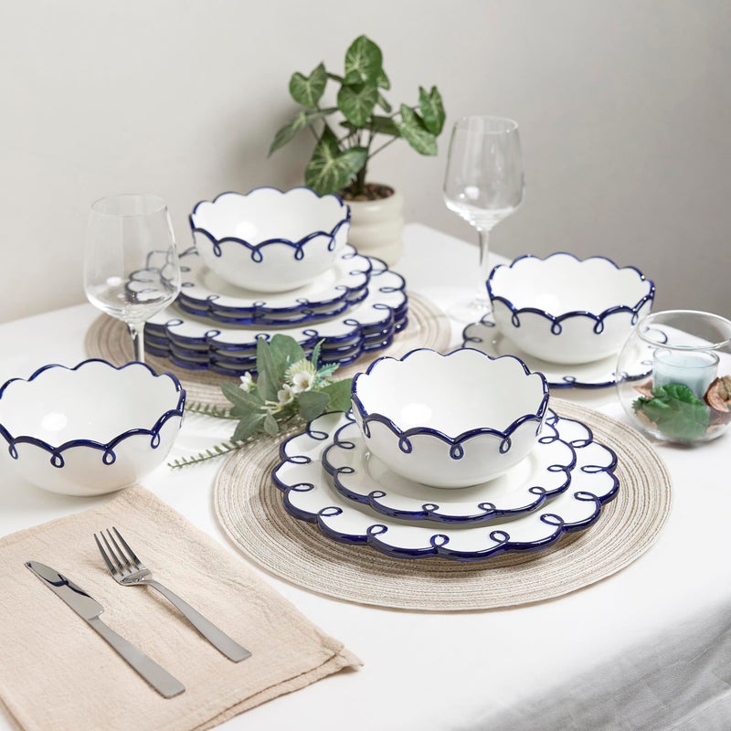 Sango 12-Piece Earthenware Dinnerware Set for 4, Glossy White Plates and Bowls Sets with Navy Scalloped Rims, Premium Dish Set, Dishes for Hosting Parties, Birthday & Wedding Gifts, Splash of Cheers - Image 3