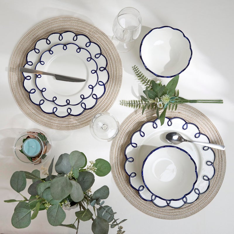 Sango 12-Piece Earthenware Dinnerware Set for 4, Glossy White Plates and Bowls Sets with Navy Scalloped Rims, Premium Dish Set, Dishes for Hosting Parties, Birthday & Wedding Gifts, Splash of Cheers - Image 4