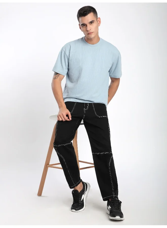 Beyoung Black Patch Pocket Contrast Stitch Cargo Pants