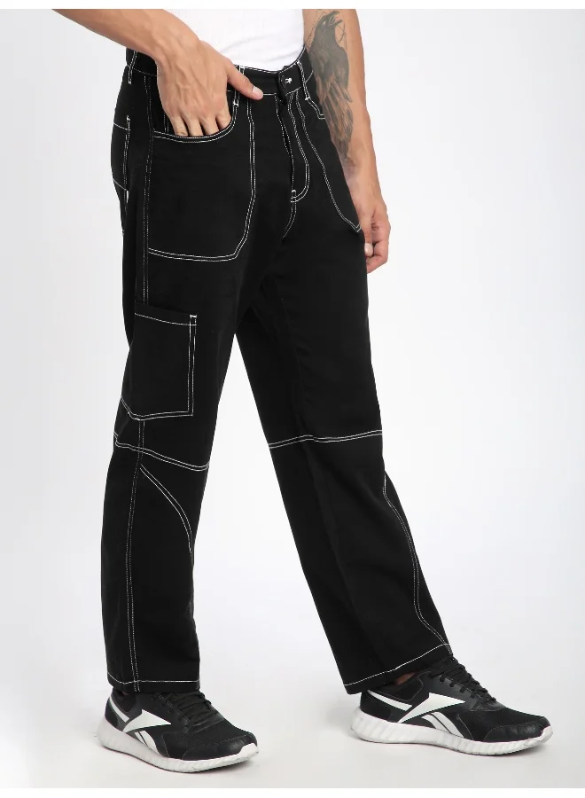 Beyoung Black Patch Pocket Contrast Stitch Cargo Pants