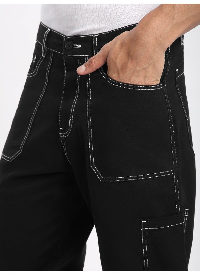 Beyoung - Black Patch Pocket Contrast Stitch Cargo Pants - Image 1