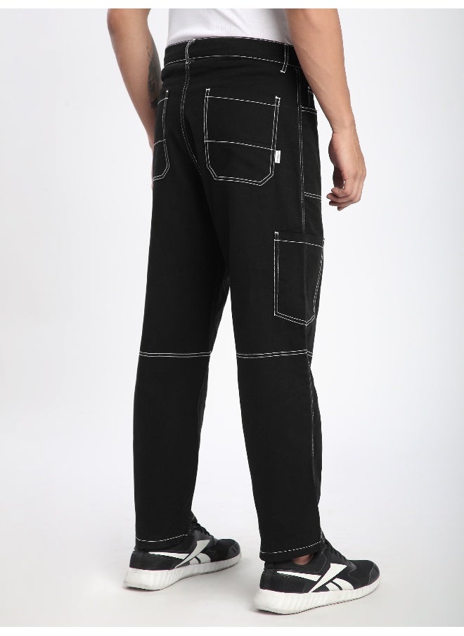 Beyoung Black Patch Pocket Contrast Stitch Cargo Pants  - Image 3