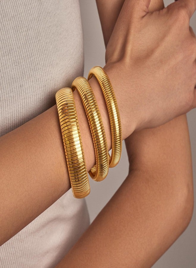 Poxtex Gold Bangles Bracelets Set for Women, Chunky 14K Gold Plated Stainless Steel Stretch Bracelets, Wide Link Chain Flexible Wristband Bracelets for Women's 3 Jewelry Gifts 10/12/16mm - Image 4