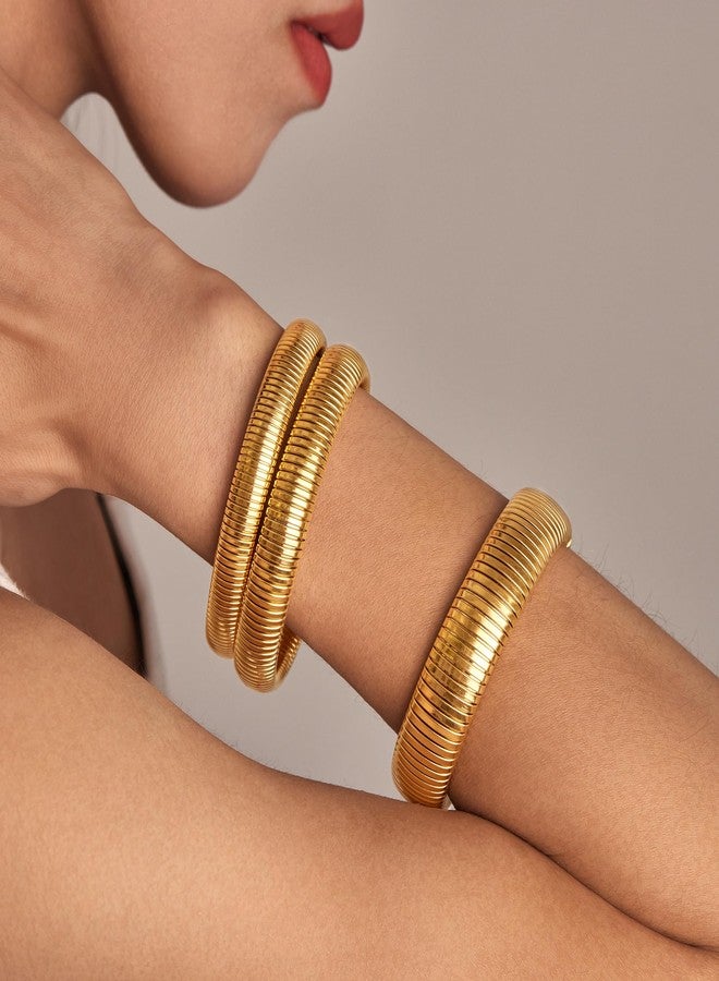 Poxtex Gold Bangles Bracelets Set for Women, Chunky 14K Gold Plated Stainless Steel Stretch Bracelets, Wide Link Chain Flexible Wristband Bracelets for Women's 3 Jewelry Gifts 10/12/16mm - Image 3