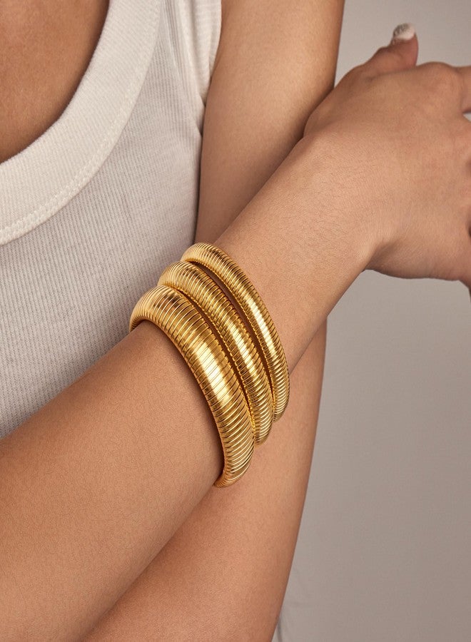 Poxtex Gold Bangles Bracelets Set for Women, Chunky 14K Gold Plated Stainless Steel Stretch Bracelets, Wide Link Chain Flexible Wristband Bracelets for Women's 3 Jewelry Gifts 10/12/16mm - Image 2