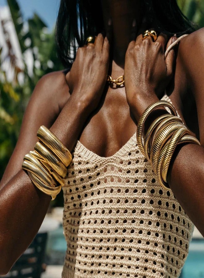 Poxtex Gold Bangles Bracelets Set for Women, Chunky 14K Gold Plated Stainless Steel Stretch Bracelets, Wide Link Chain Flexible Wristband Bracelets for Women's 3 Jewelry Gifts 10/12/16mm - Image 5