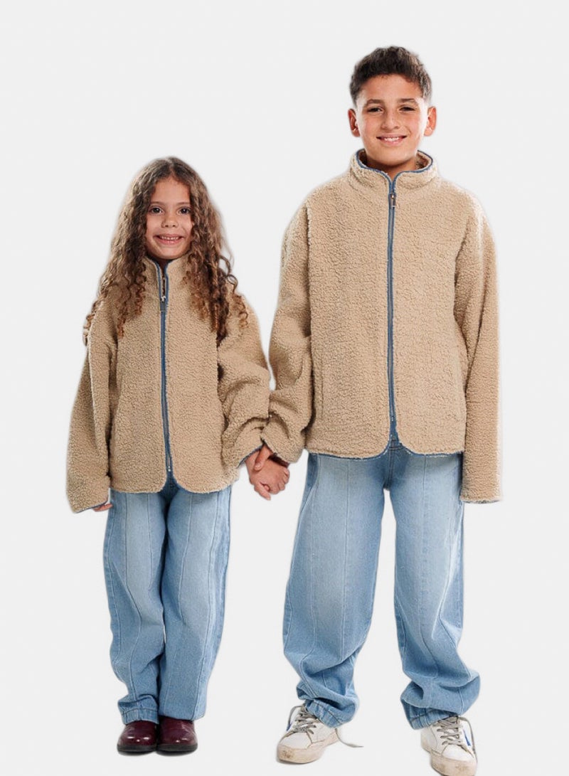 In Your Shoe Creamy White With Bias Teal Kids Boxy Teddy Jacket - Image 2