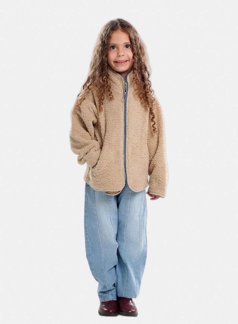 In Your Shoe Creamy White With Bias Teal Kids Boxy Teddy Jacket - Image 3