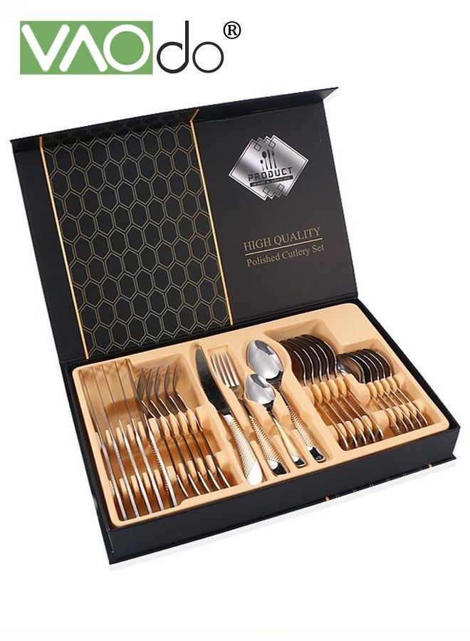 VAOdo 24PCS Hammered Silverware Set Stainless with Gift Box, Stainless Steel Square Flatware Set Service for 6, Metal Tableware Cutlery Set, Includes Dinner Knives Forks Spoons, Modern Design Mirror Polished Dishwashable Dinnerware Tableware Kit for Home Wedding Restaurant - Image 1