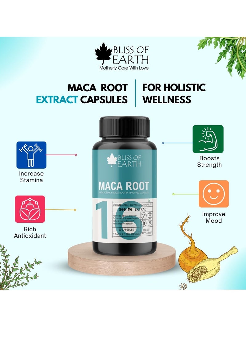 BLISS OF EARTH - Maca Root Extract Capsules and Spirulina Supplement Capsules For Men and Women 500mg High Potency Root Extract 60 Veg Capsules For Pre Workout Energy Stamina and Endurance - Image 1